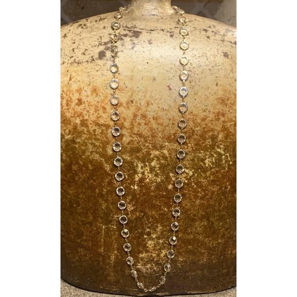 Gold Linked and Bezel Set Clear and Faceted Crystal Necklace 34 Inches Vintage - Picture 4 of 8